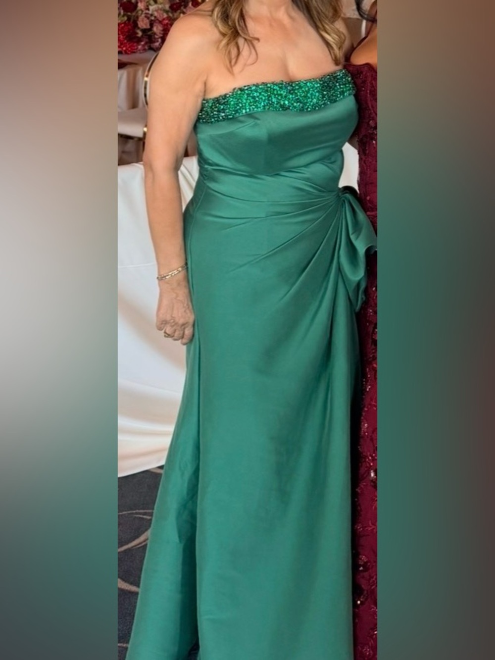 Terani Couture Strapless Emerald Green Evening Gown with Beaded Bandeau